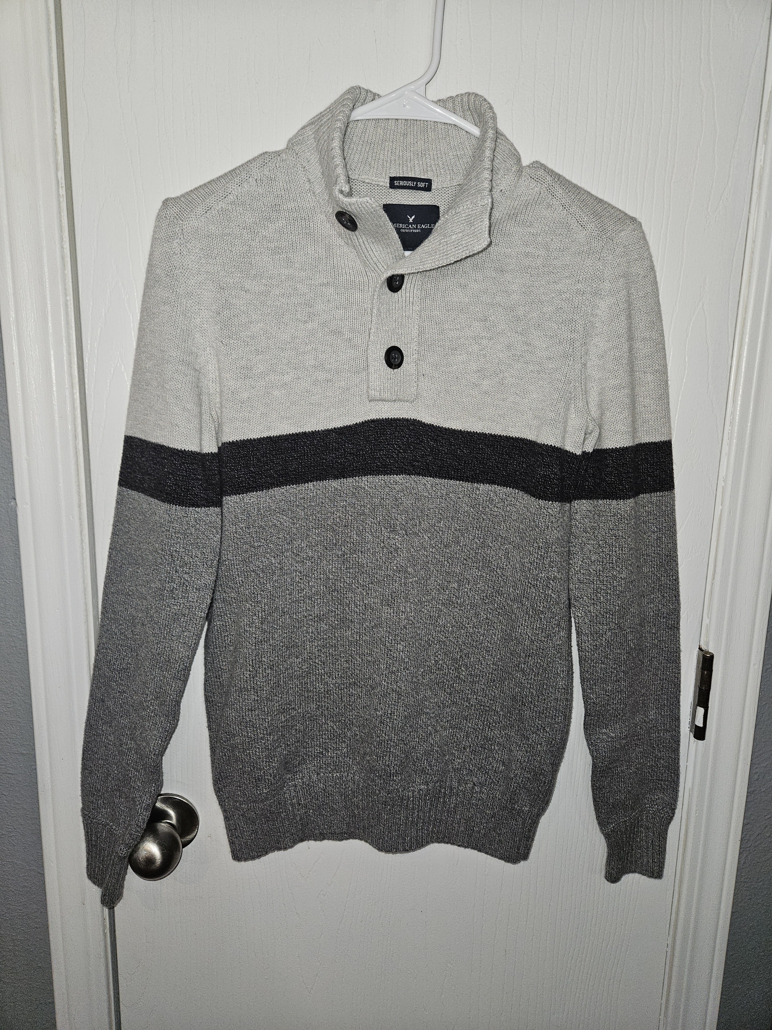 American Eagle Outfitters Light Gray And Dark Gray Shawl-Collar Button Sweater